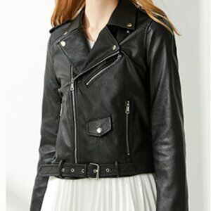 NEW- Women's XL Faux Leather Motor Jacket Zip-up Slim PU Biker Coat with Belt